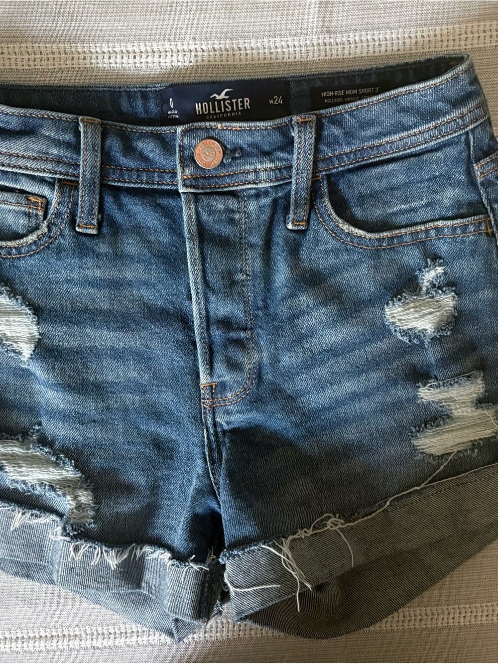 Hollister High-Rise Distressed Rolled Hem Denim Shorts - Blue
